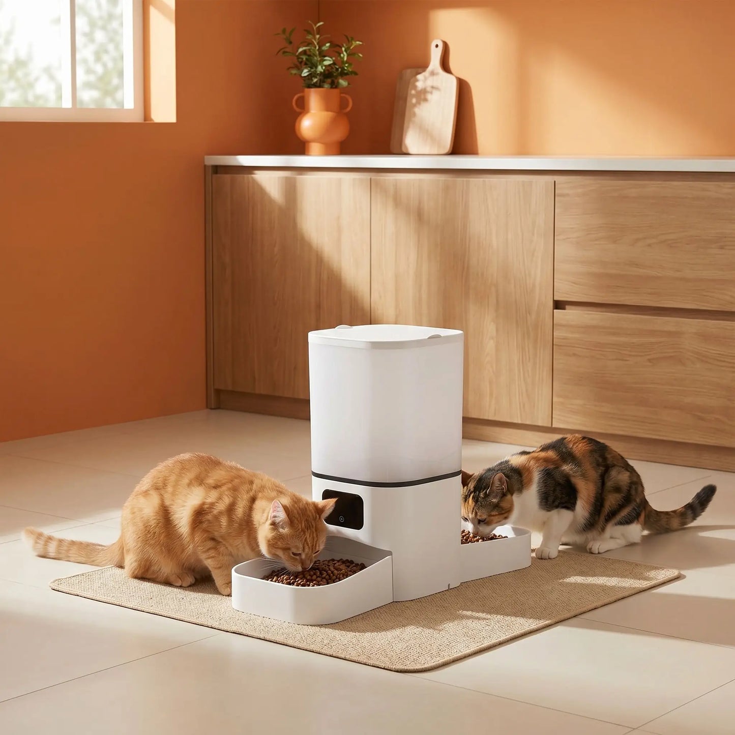 deux chats mangeant dans distributeur automatique croquettes chat