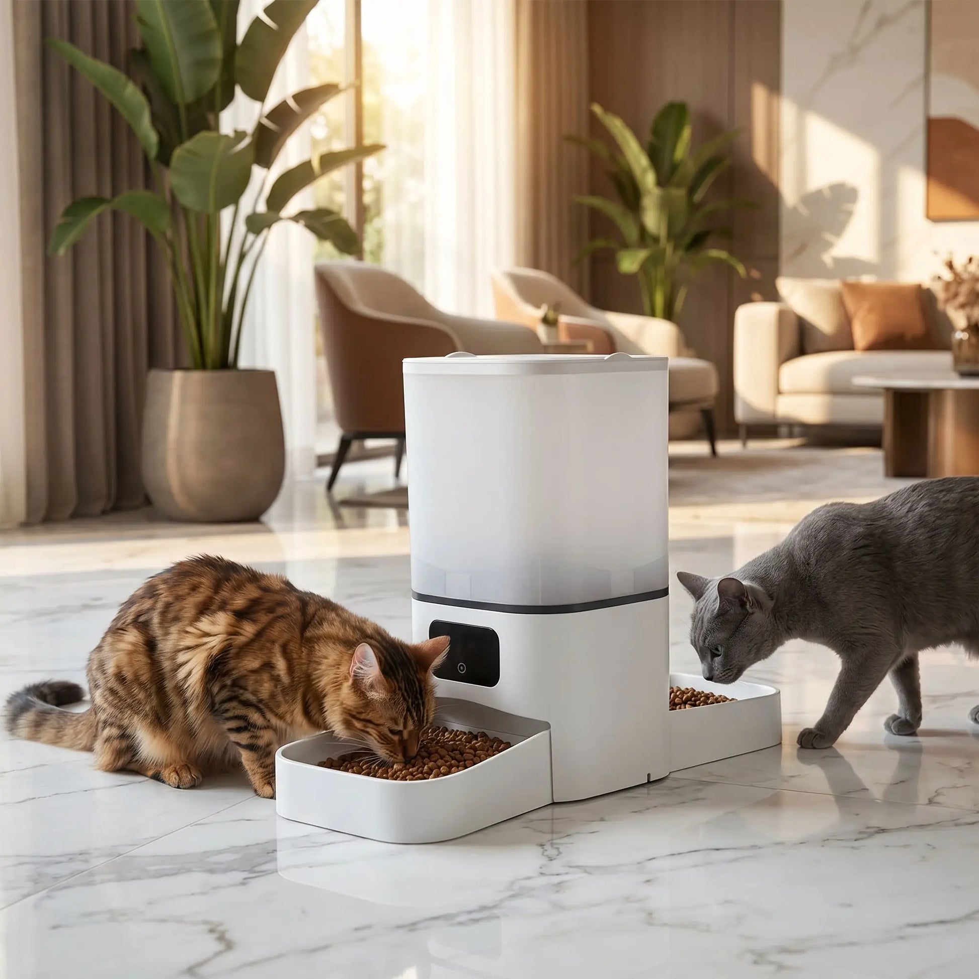 deux chats mangent dans distributeur automatique croquettes chat blanc