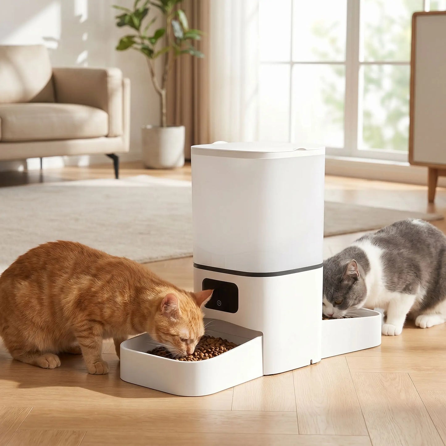 deux chats mangent dans distributeur automatique croquettes chat connecte