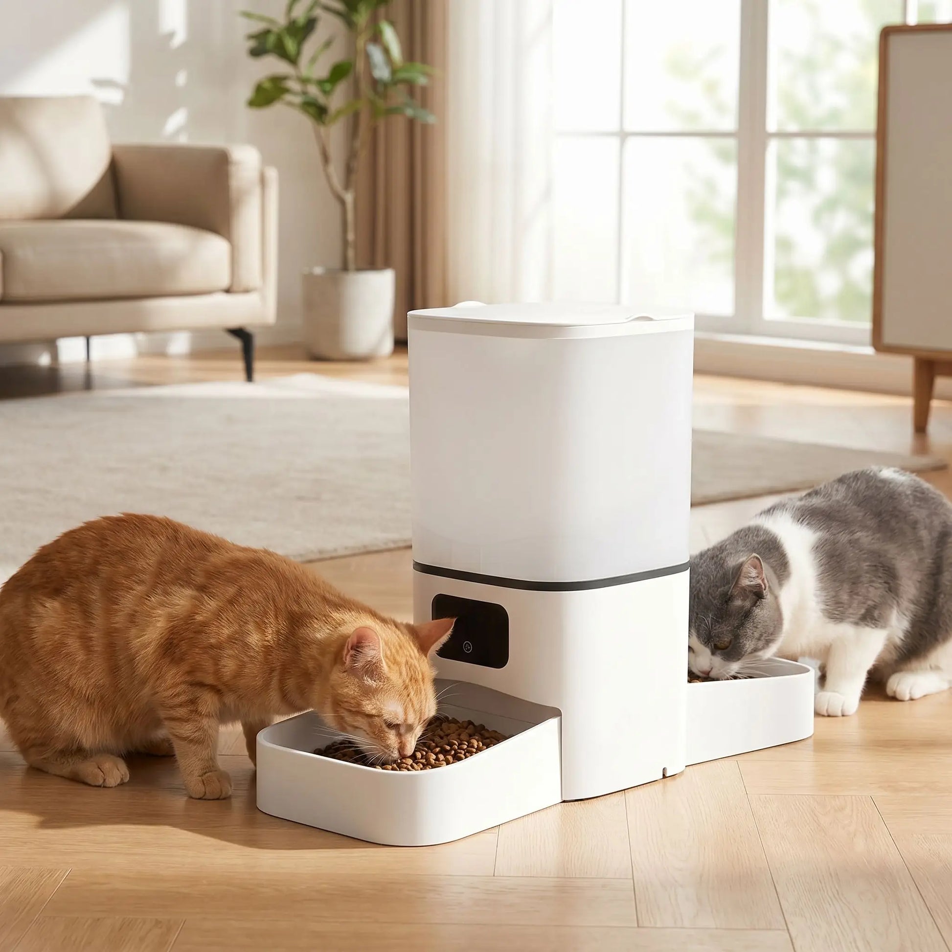 deux chats mangent dans distributeur automatique croquettes chat connecte