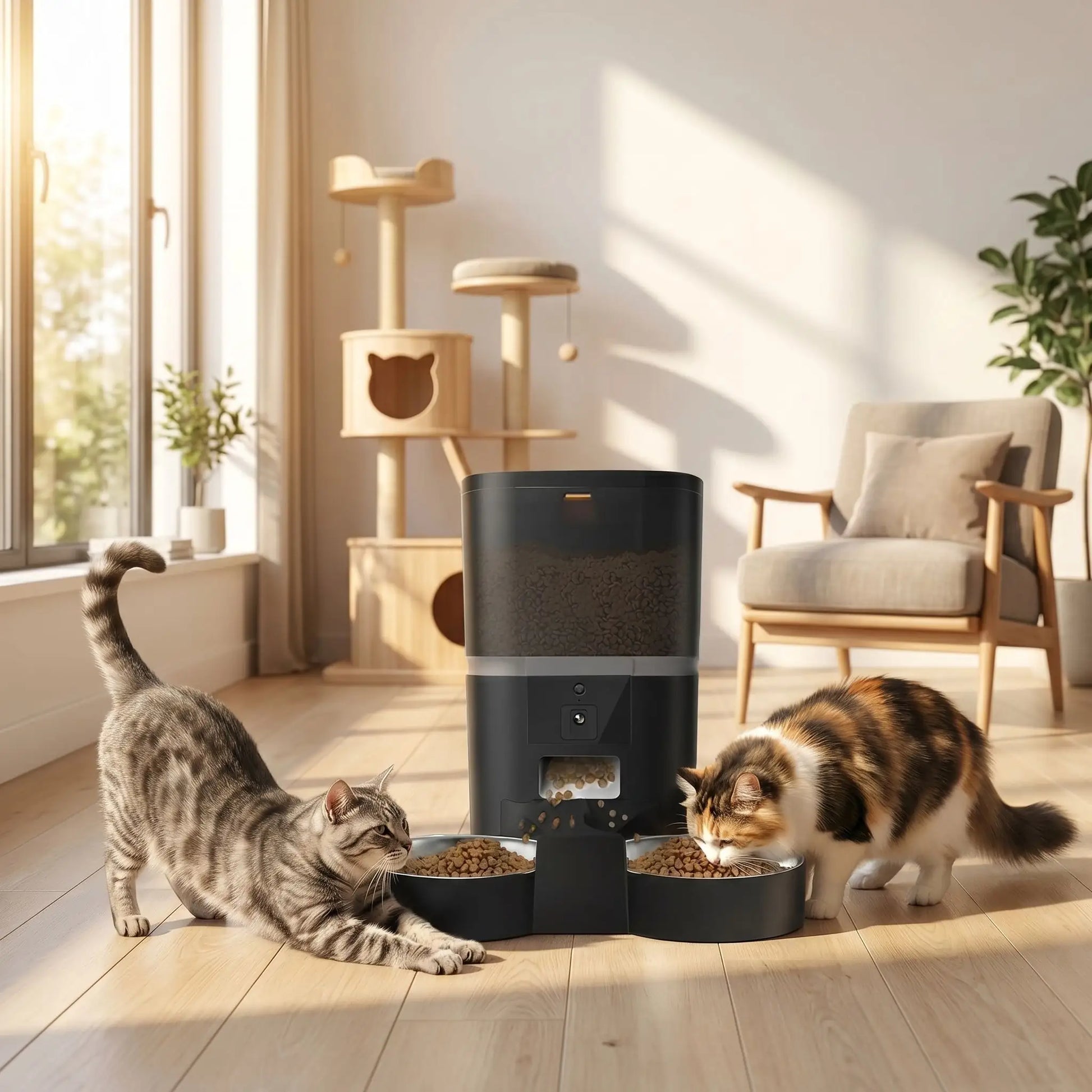 deux chats mangent dans distributeur automatique de croquettes noir