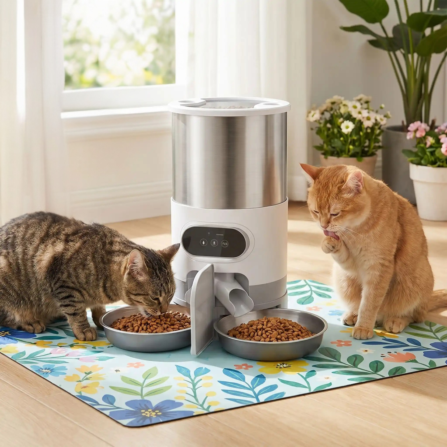 deux chats mangent dans distributeur croquettes chat automatique double bol
