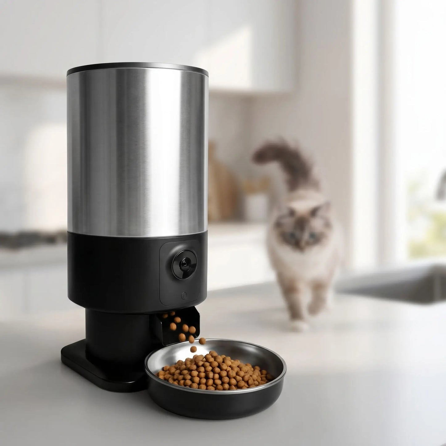distributeur automatique de croquettes acier avec chat approchant