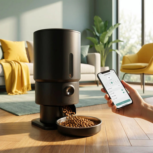 distributeur automatique de croquettes noir avec smartphone en main
