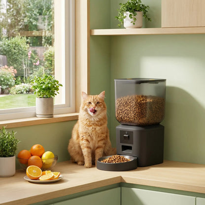 distributeur croquette chat automatique dans cuisine avec chat a proximite