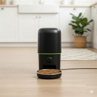 distributeur de croquettes automatique noir dans cuisine