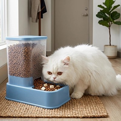 Distributeur de croquettes pour chat bleu chat blanc mange