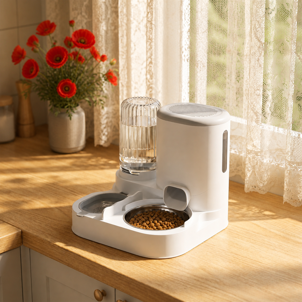 distributeur eau et croquette chat dans cuisine ensoleillee