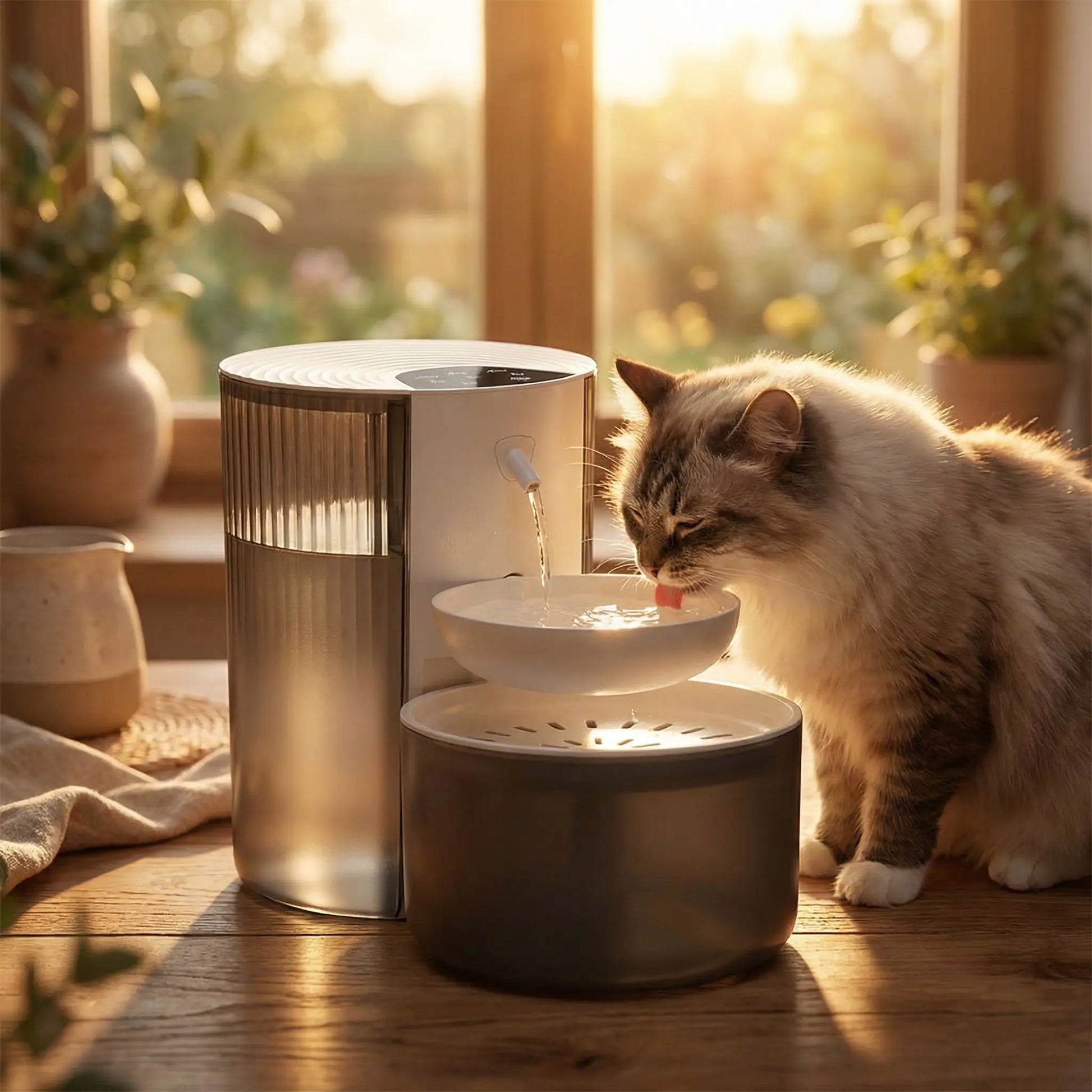 distributeur eau pour chat noir avec chat buvant dedans
