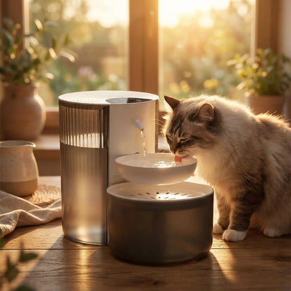 distributeur eau pour chat noir avec chat buvant dedans