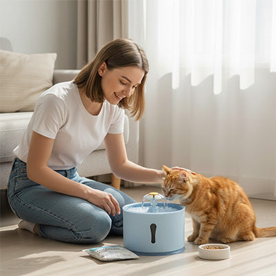 femme avec chat boit dans fontaine a eau chat bleue
