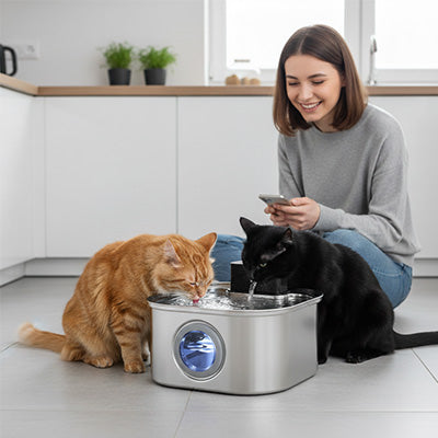 femme avec deux chats buvant dans fontaine a eau chat sans fil