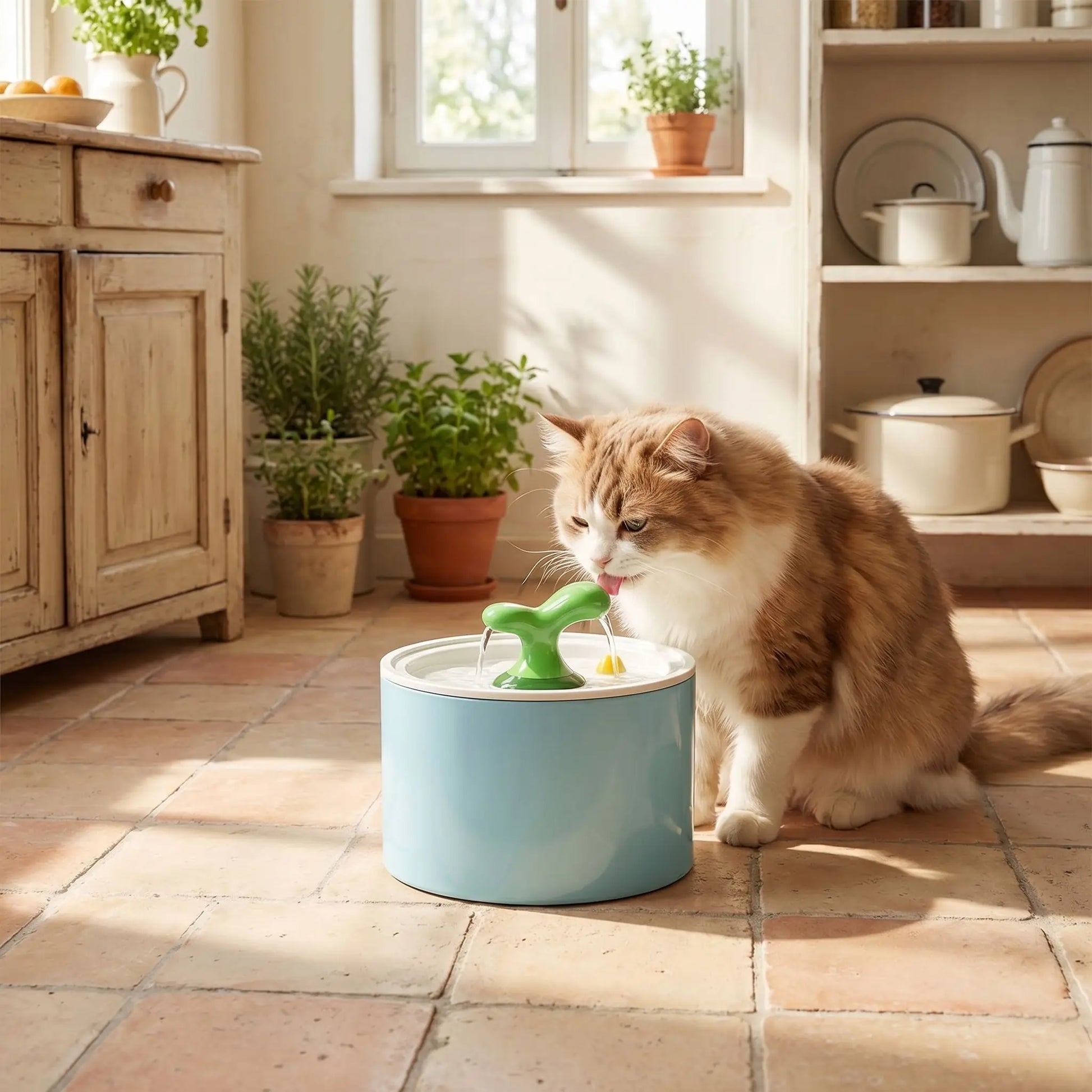 fontaine a eau ceramique chat bleue avec chat devant