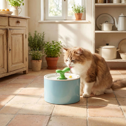 fontaine a eau ceramique chat bleue avec chat devant
