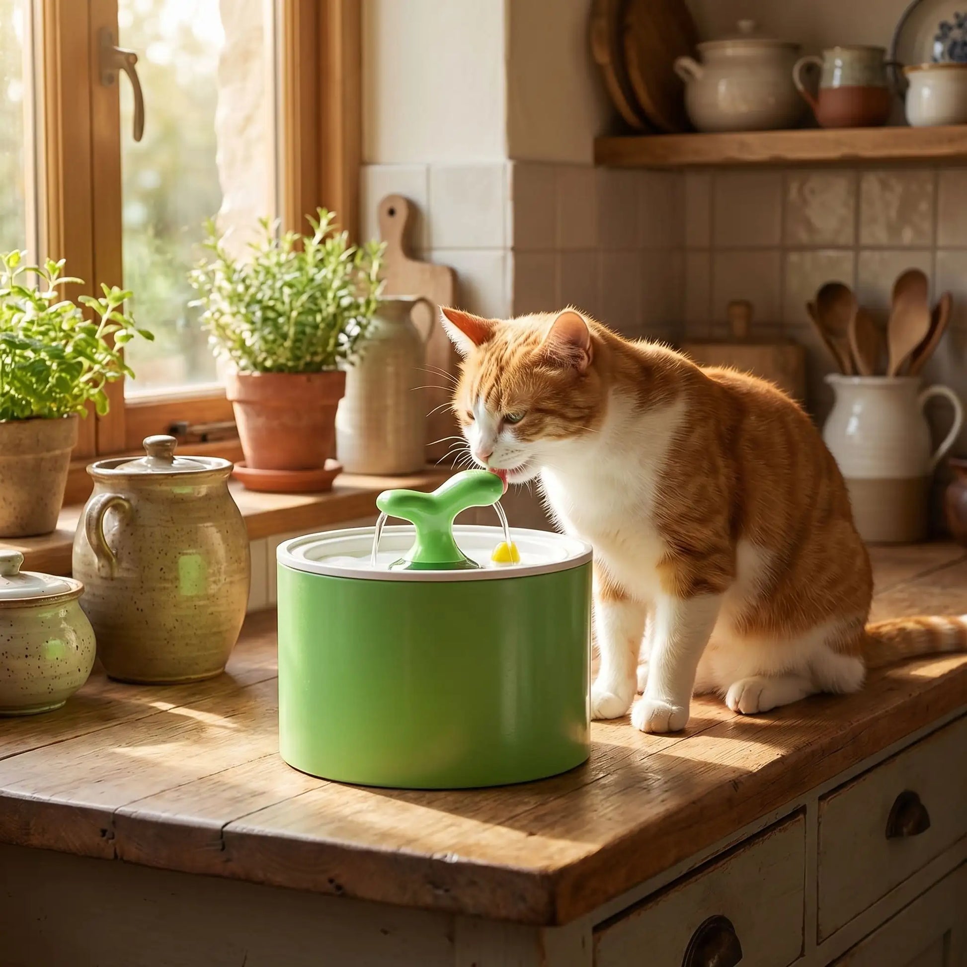 fontaine a eau ceramique chat verte avec chat buvant dedans