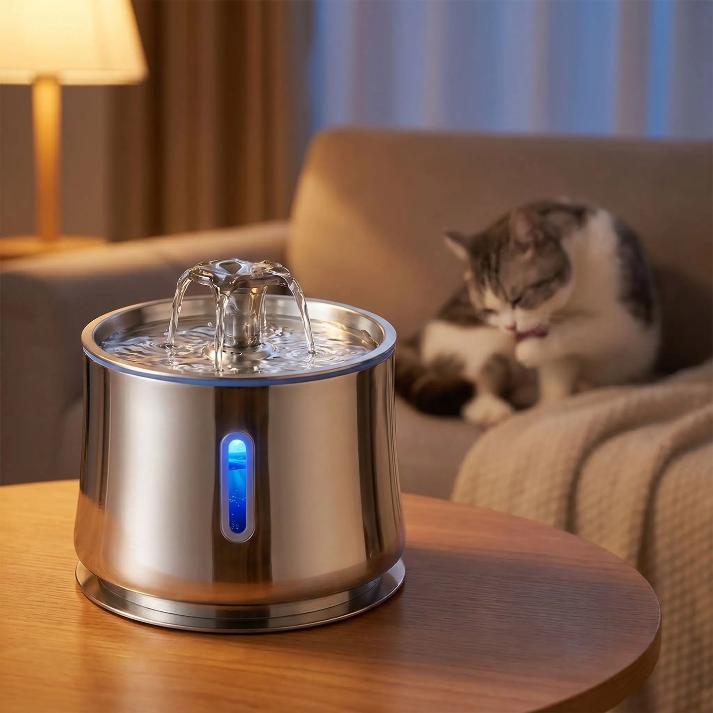 fontaine eau chat en acier sur table salon chat se toilettant