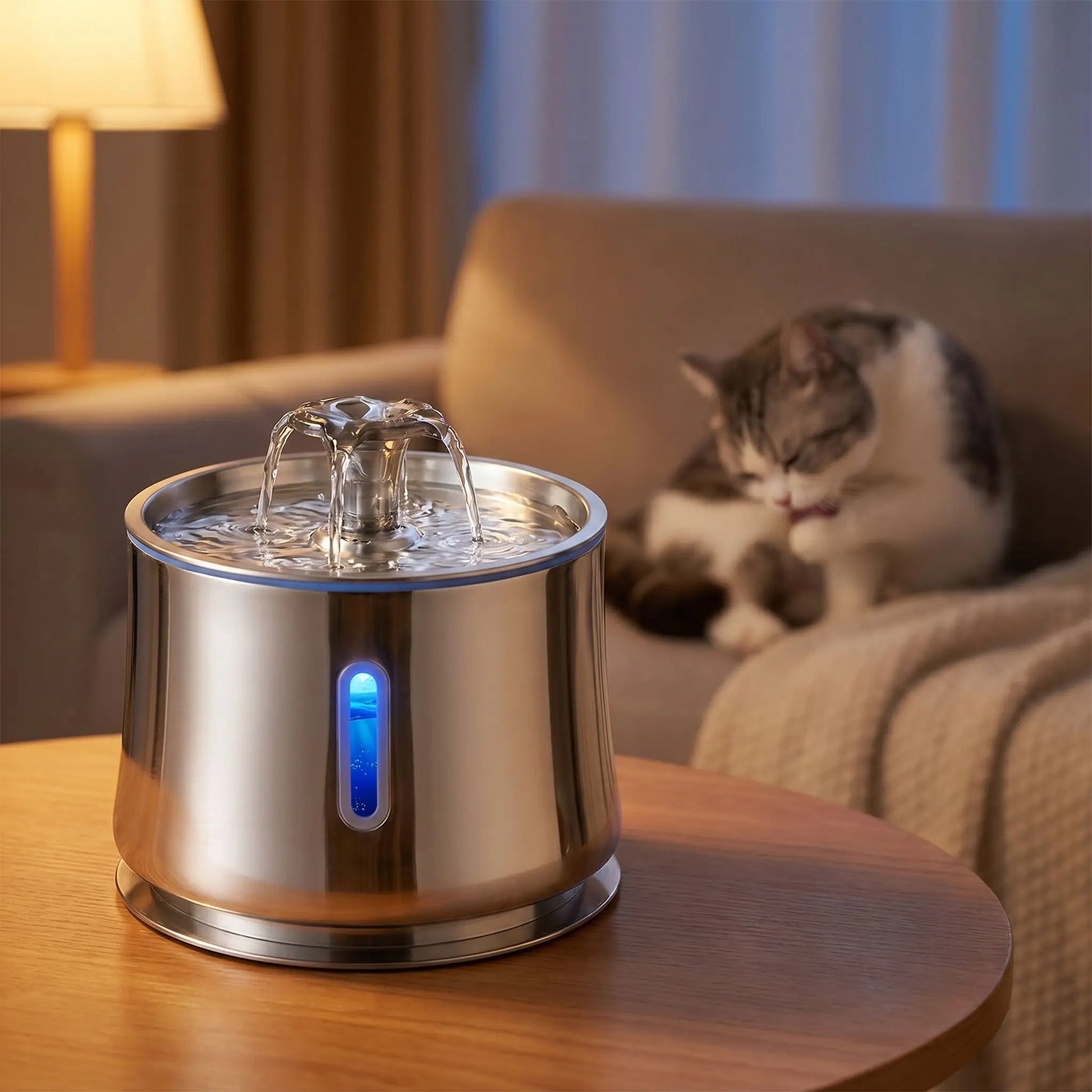 fontaine eau chat en acier sur table salon chat se toilettant