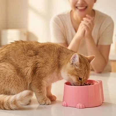 Gamelle anti glouton chat rose chat mange propriétaire heureuse 