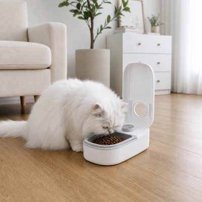 Gamelle automatique chat avec chat blanc mangeant dans salon