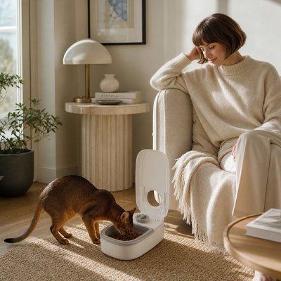 Gamelle automatique chat avec chat mange propriétaire le regardant 