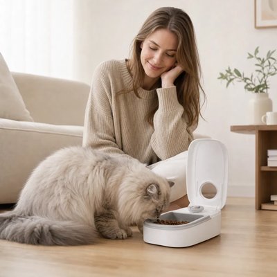 Gamelle automatique chat blanche femme observant chat manger