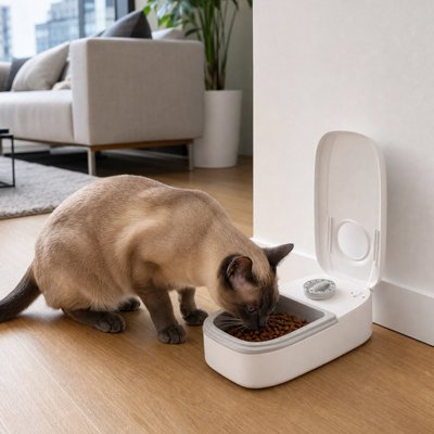 Gamelle automatique chat blanche ouverte chat mange croquettes 