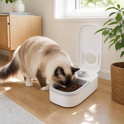 Gamelle automatique chat ouverte chat mange croquettes
