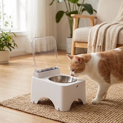 Gamelle automatique pour chat bol inox avec chat dans salon
