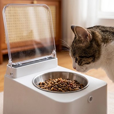 Gamelle automatique pour chat remplie de croquettes chat observateur