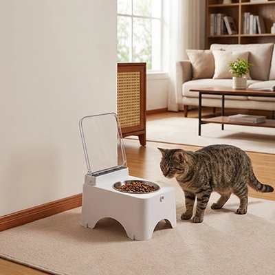 Gamelle automatique pour chat surélevée ouverte devant chat tigré