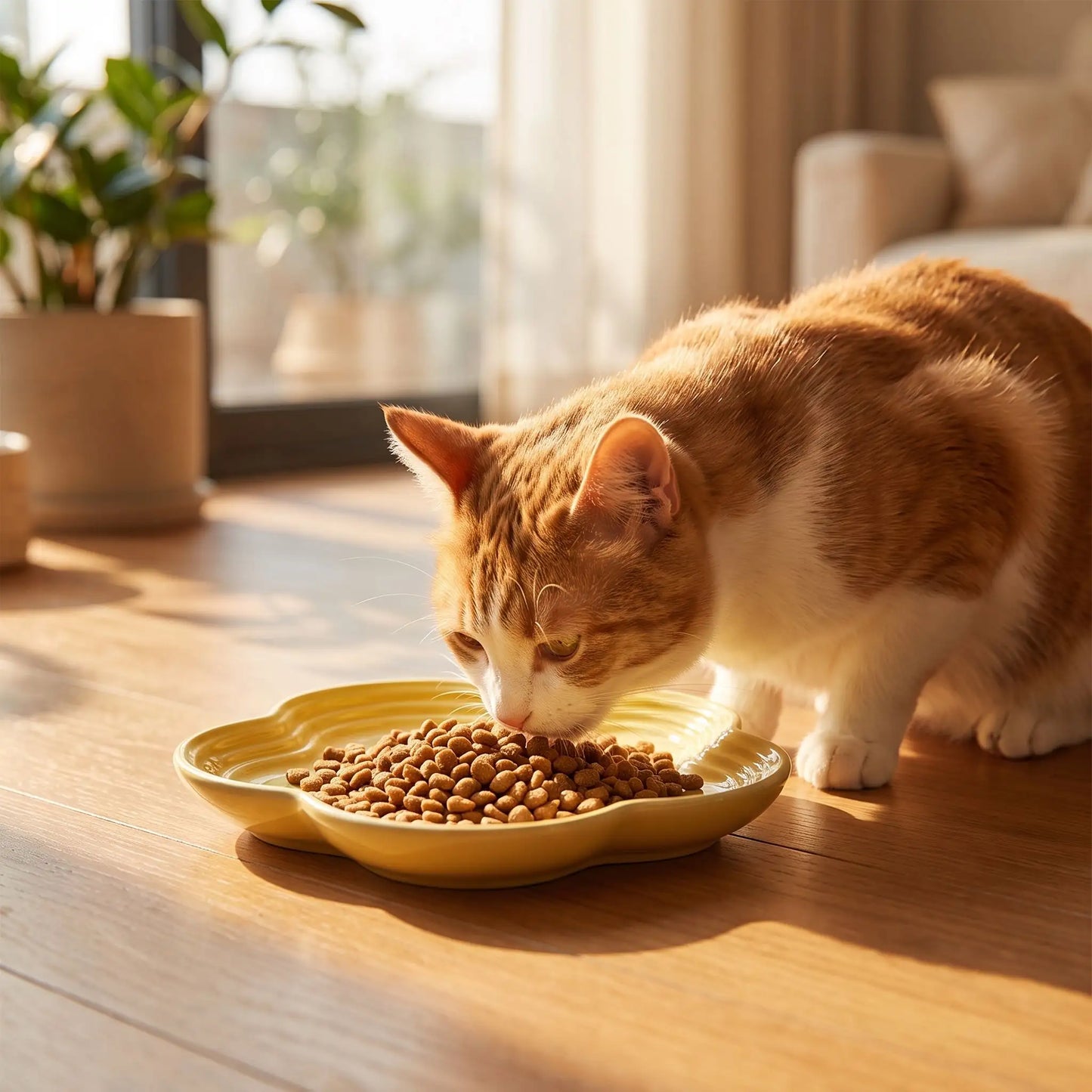 gamelle ceramique pour chat jaune chat mangeant dedans