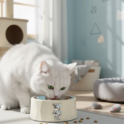 Gamelle chat blanche chat mange croquettes dedans