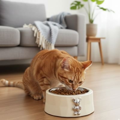 Gamelle chat blanche chat roux mange croquettes