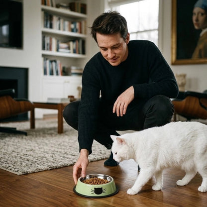 Gamelle chat blanche homme sert croquettes au chat