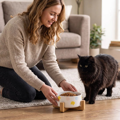 Gamelle chat blanche remplie croquettes femme servant chat