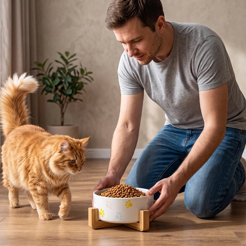 Gamelle chat blanche servie par homme pour chat