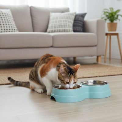 Gamelle chat bleue ave chat mangeant croquettes 