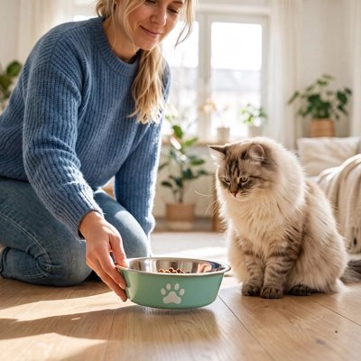 Gamelle chat bleue avec femme servant repas au chat