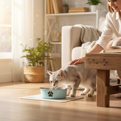 Gamelle chat bleue avec maitresse caressant son chat