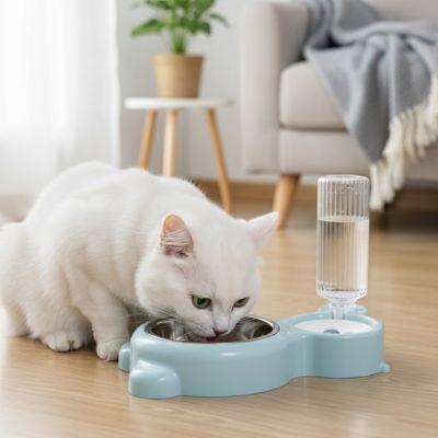 Gamelle chat bleue chat blanc mange croquettes