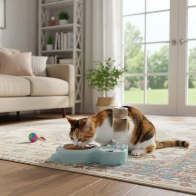 Gamelle chat bleue chat mange croquettes dans salon