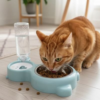 Gamelle chat bleue chat roux mange croquettes 