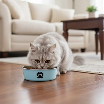 Gamelle chat bleue et chat blanc mange dans salon