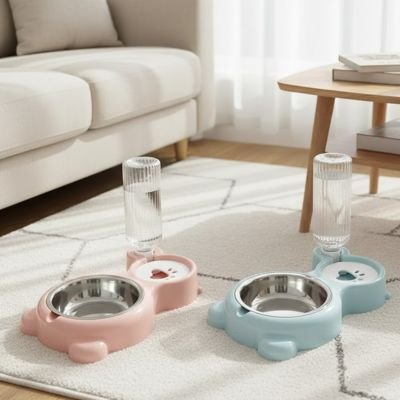 Gamelle chat bleue et rose au sol dans salon 