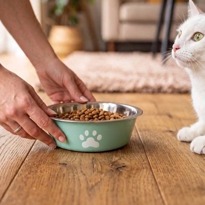 Gamelle chat bleue remplie de croquettes au sol 