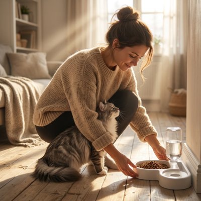 Gamelle chat d'angle avec la femme servant son chat 