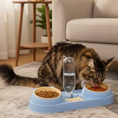 Gamelle chat double bleue chat mange croquettes dans salon