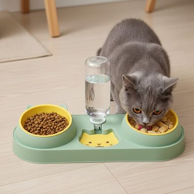 Gamelle chat double verte avec chat gris mangeant croquettes