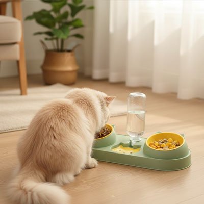 Gamelle chat double verte chat blanc mange dans salon