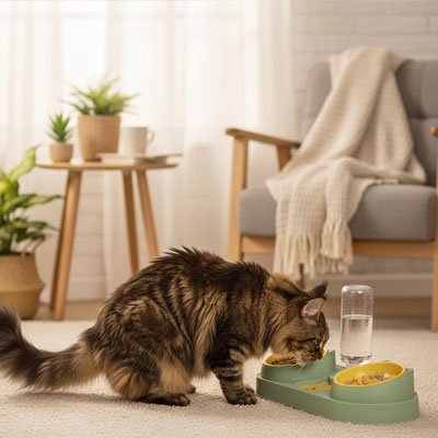 Gamelle chat double verte chat observant eau 